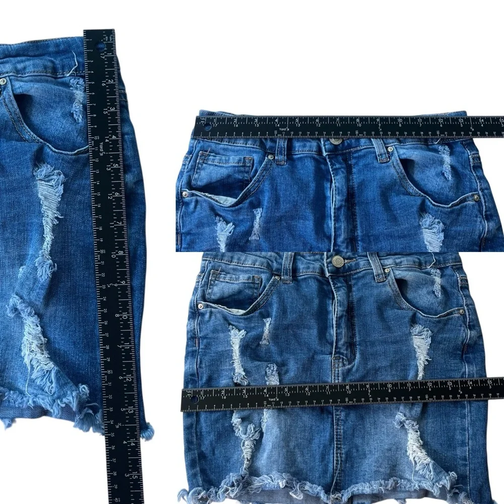 Wax Jean Women’s M Medium Wash Distressed Raw Hem Hi-Rise Mini Jean Skirt #90114